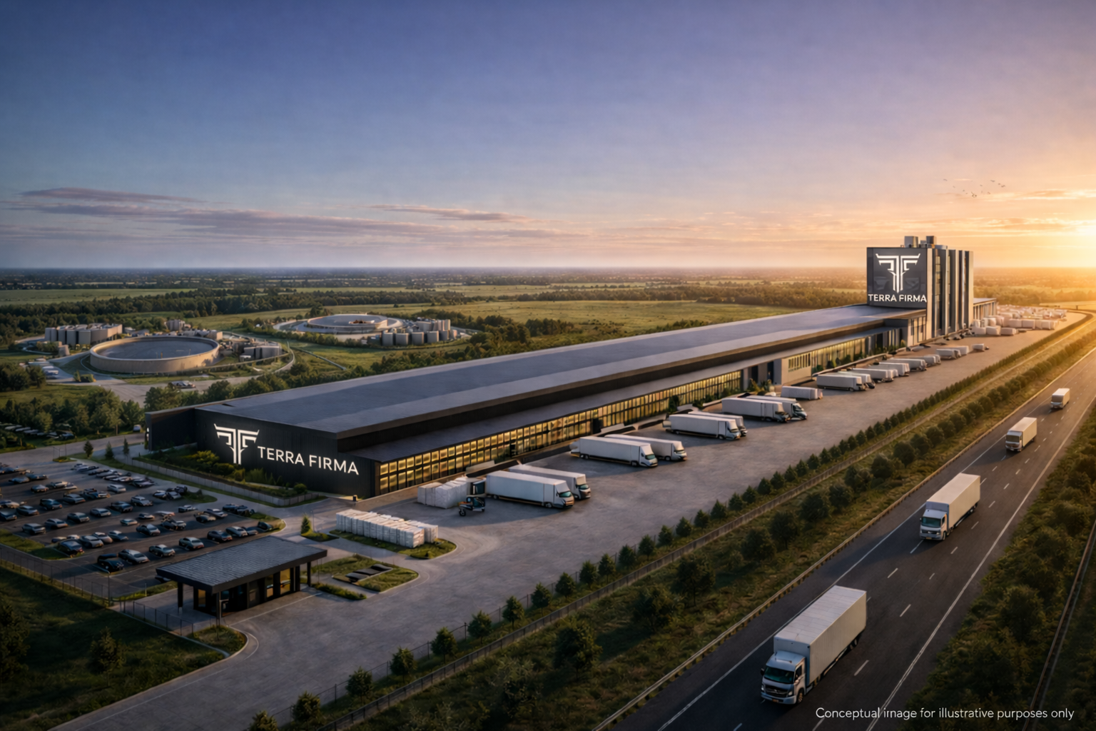 Concept render of the Hamilton Food Park precinct with illuminated Terra Firma branding