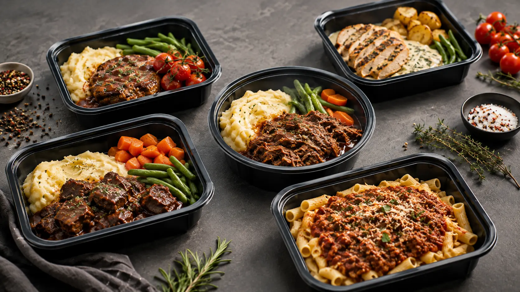 Prepared ready-meals in open trays with meat, vegetables and grains
