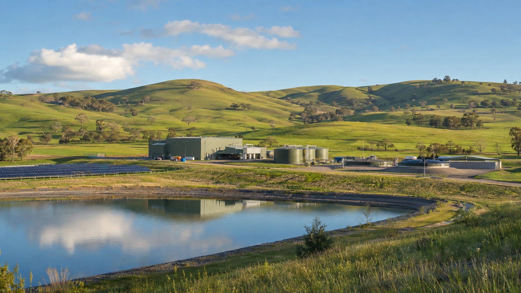 Farm reservoir, irrigated pasture and solar array across rolling Australian country