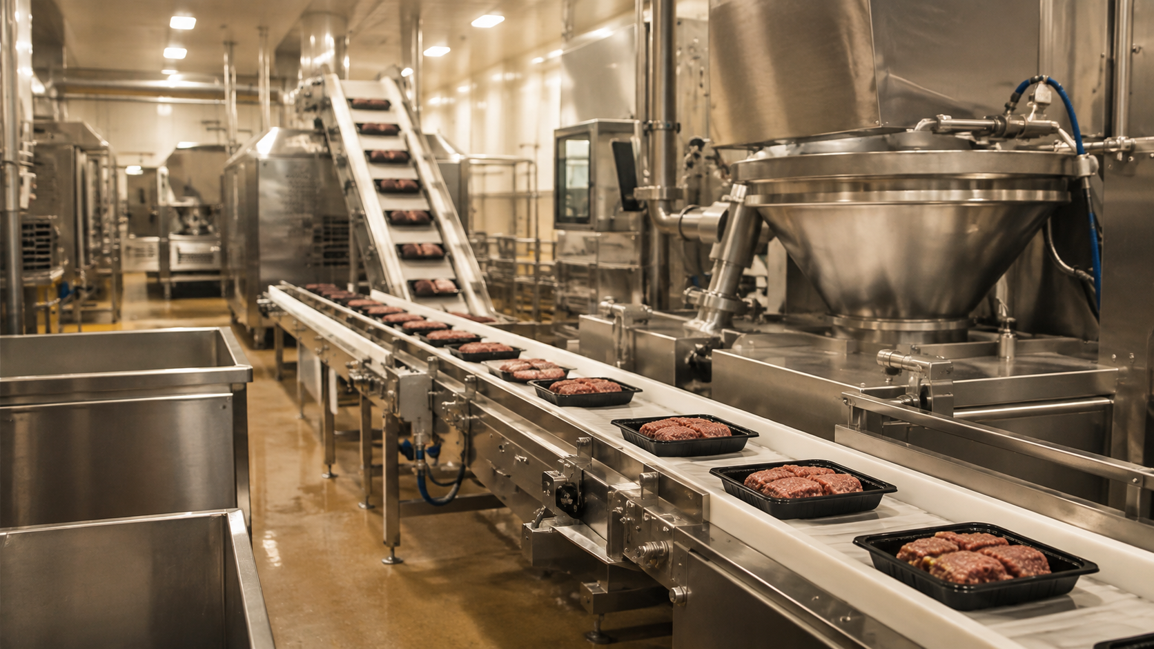 Packaged product moving along a modern food processing conveyor