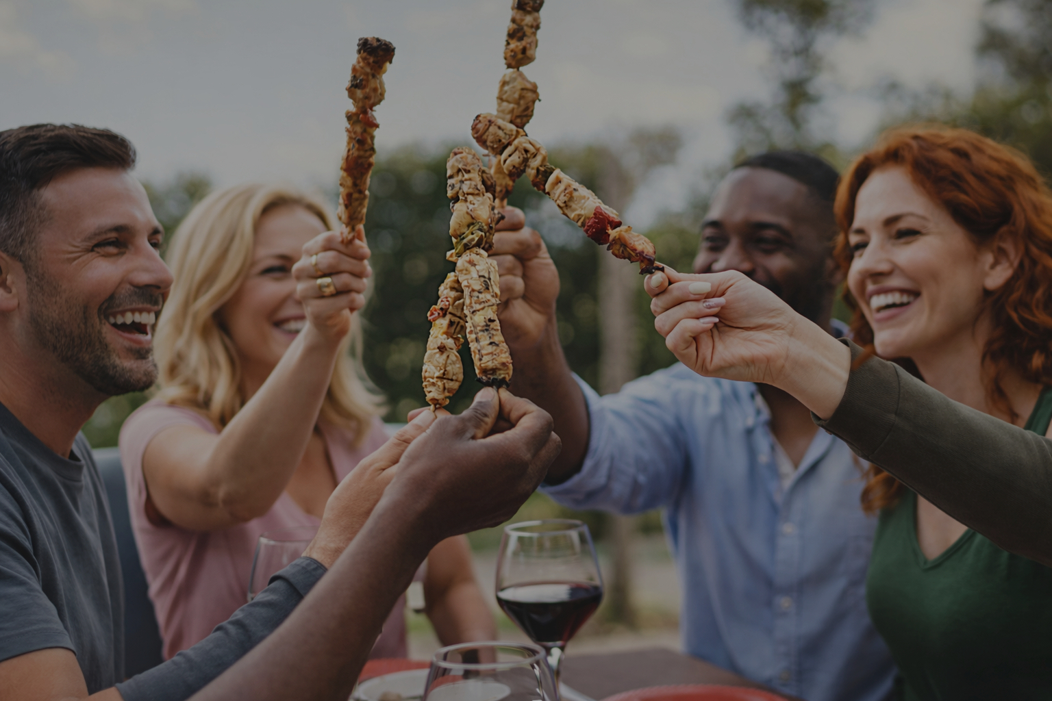 Friends sharing grilled food together at an outdoor table