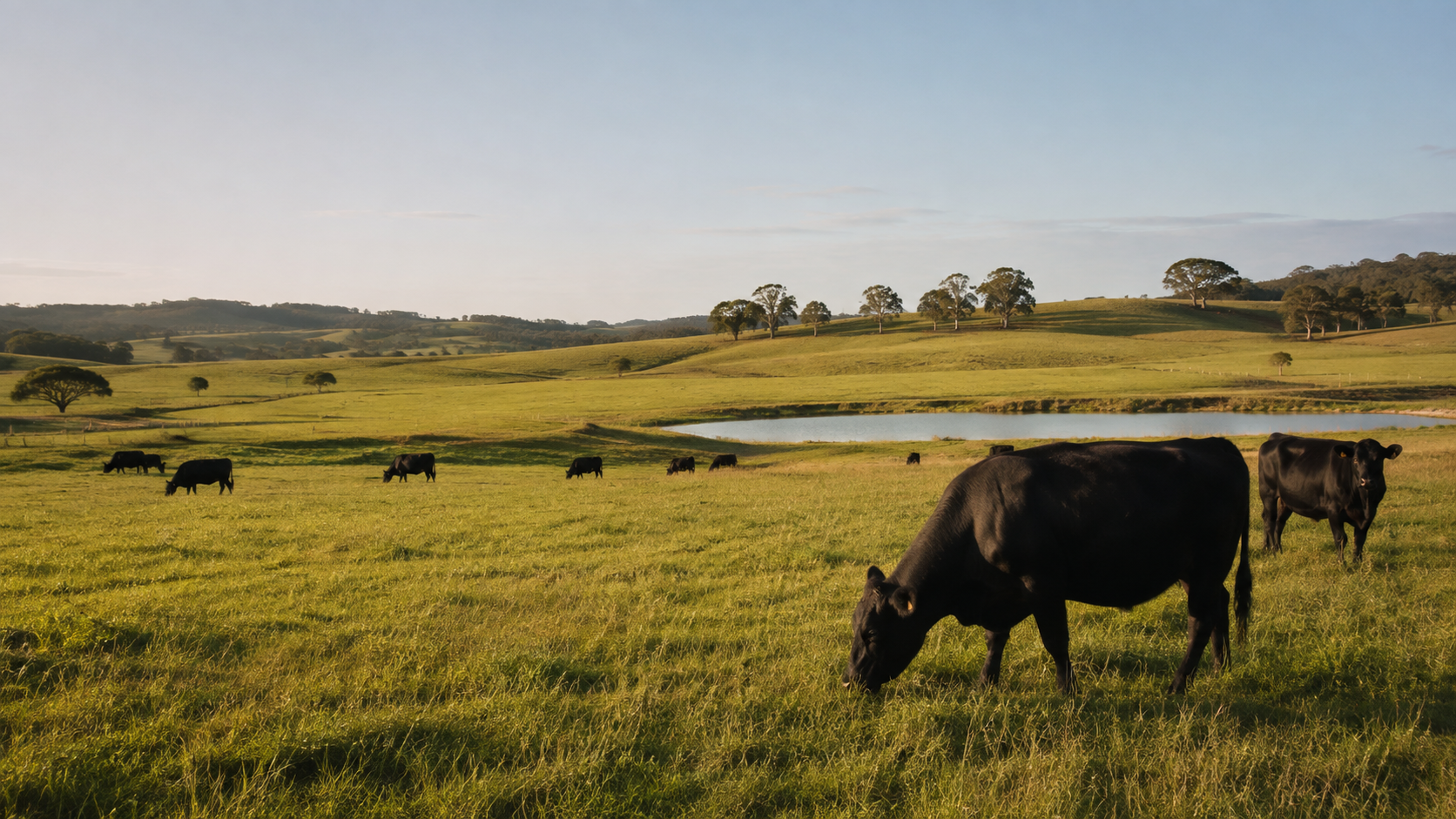 Black cattle grazing a green Australian paddock beside water at golden hour