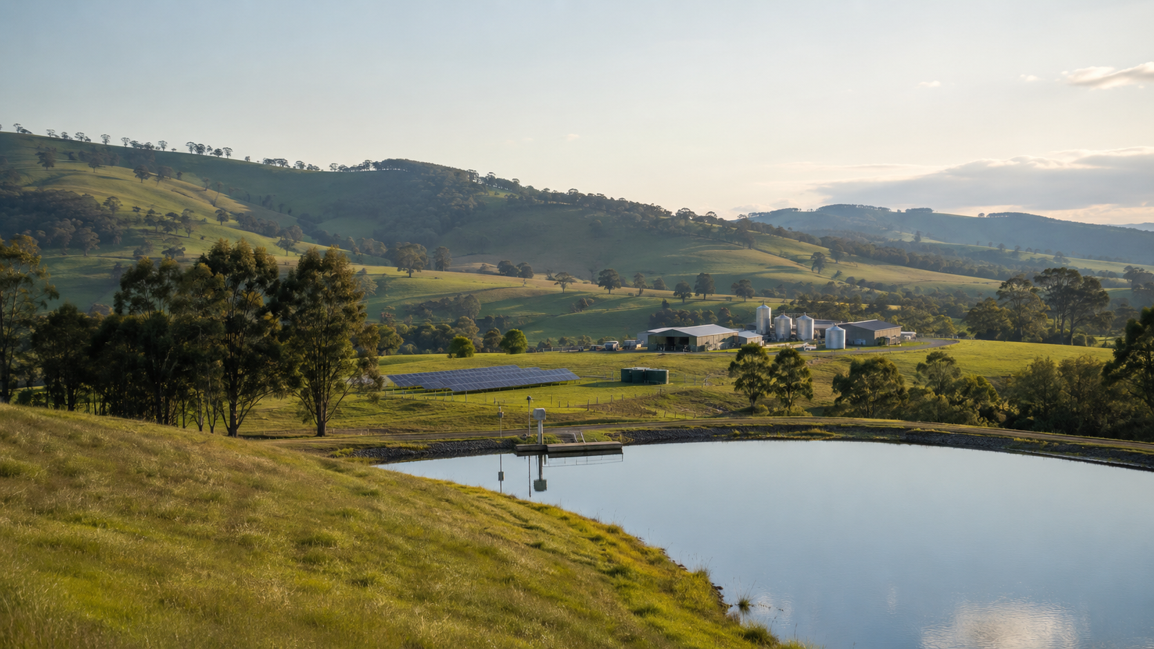 Pastoral reservoir with a solar array and farm infrastructure among rolling hills