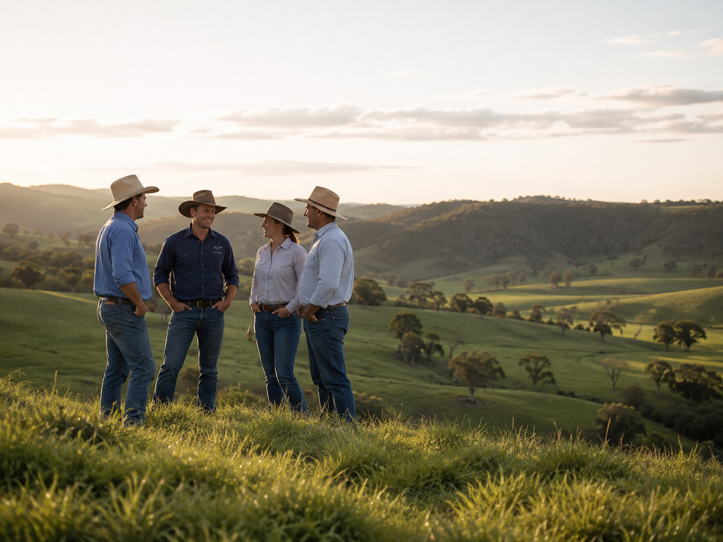 Australian food and agriculture operators overlooking rolling green countryside