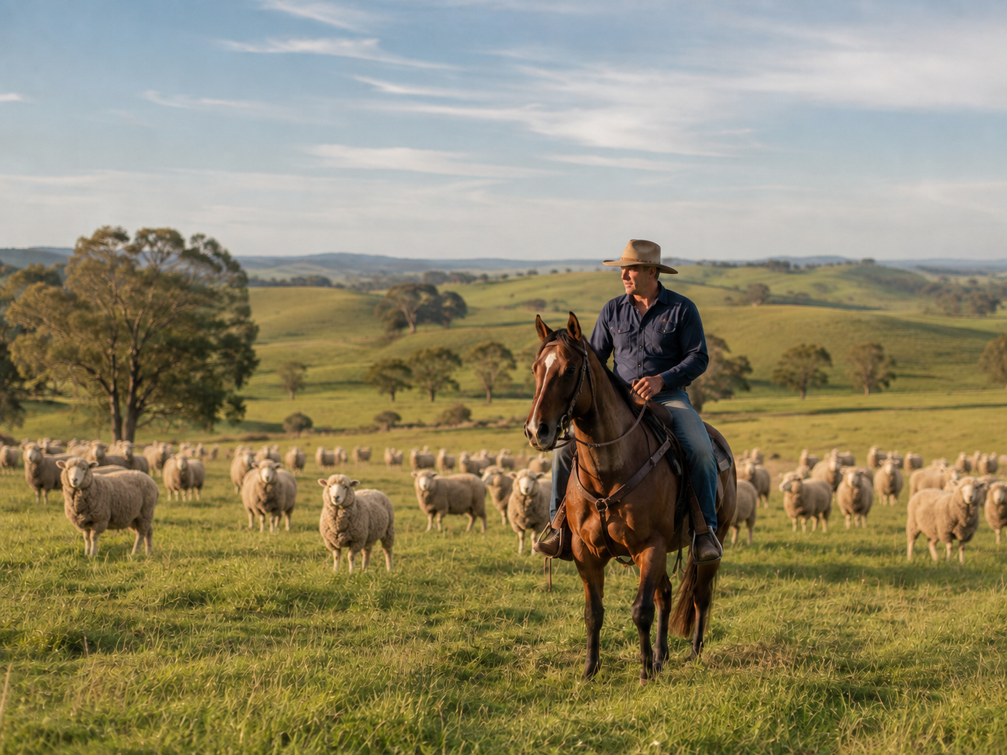 A grazier on horseback moving a flock of sheep through green Australian hill country