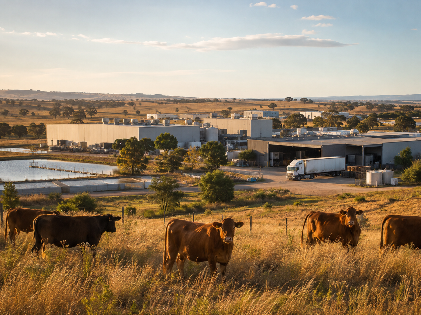 Cattle grazing in front of a regional food processing campus in open Australian country