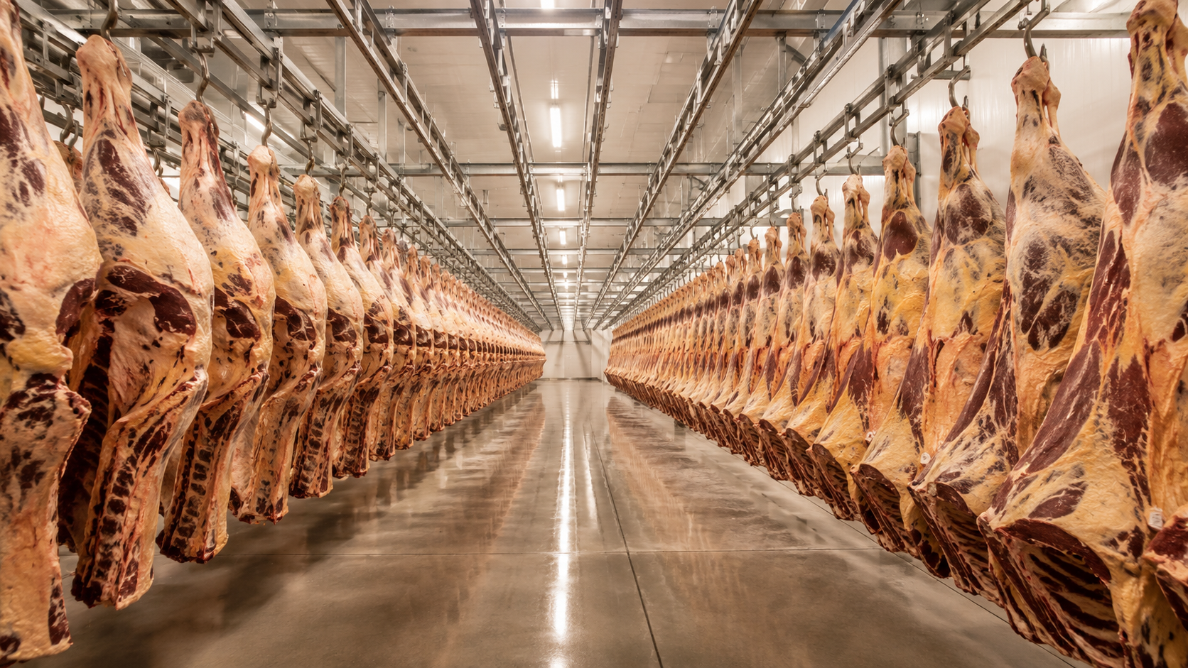 Chilled processing room with carcasses on an overhead rail system