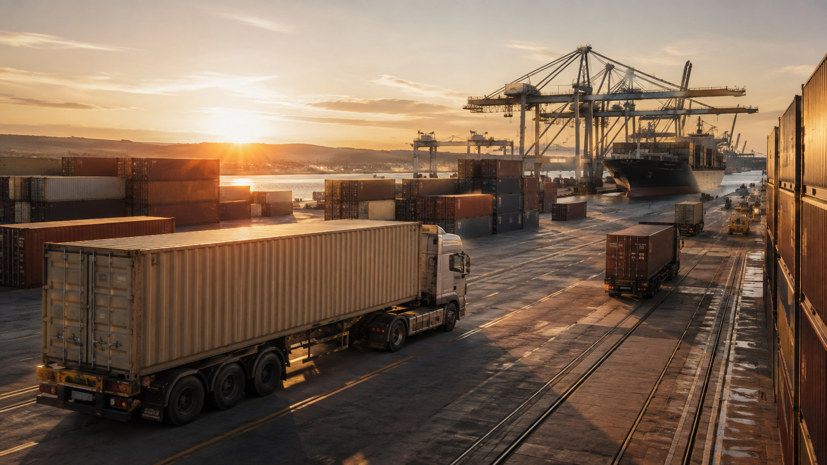 Container trucks and cranes at a shipping port at sunset