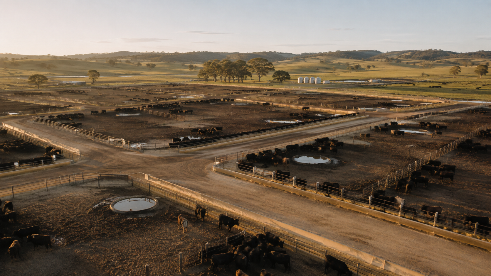 Aerial view of a modern cattle feedlot at sunset