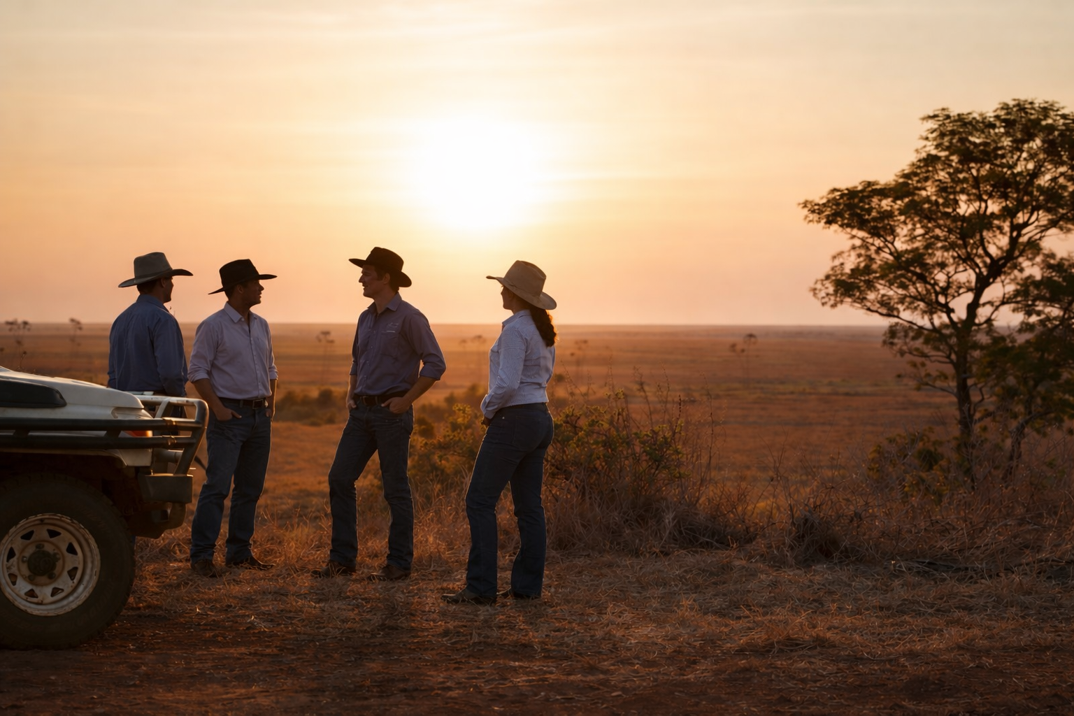 Producers talking beside a vehicle on Australian grazing country at sunset