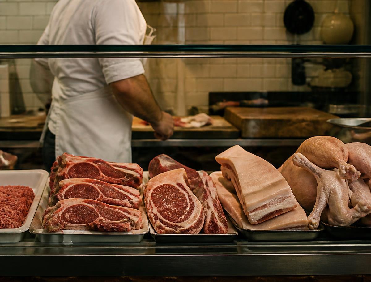 Fresh cuts displayed in an independent butcher shop counter