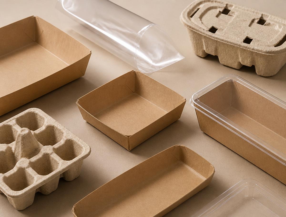 Unbranded fibre trays, moulded pulp punnets and recyclable film on a neutral surface