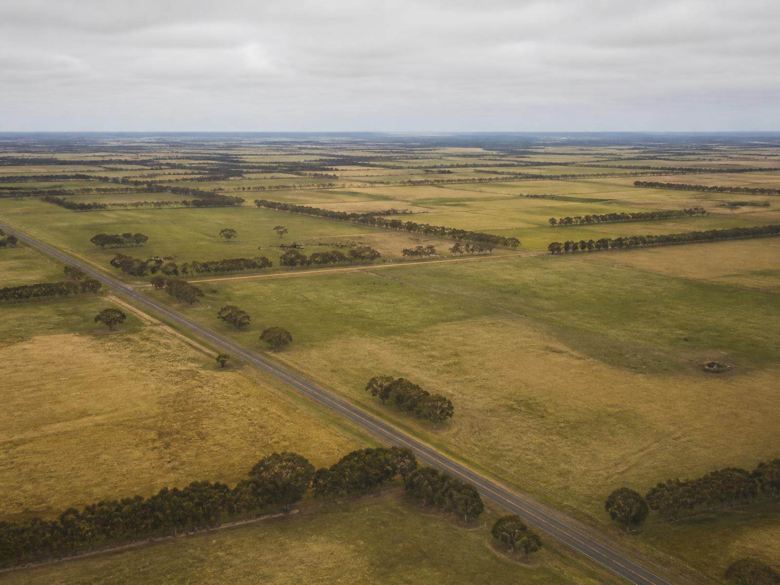 Aerial view of flat grazing paddocks and a regional highway in Victoria's Western District